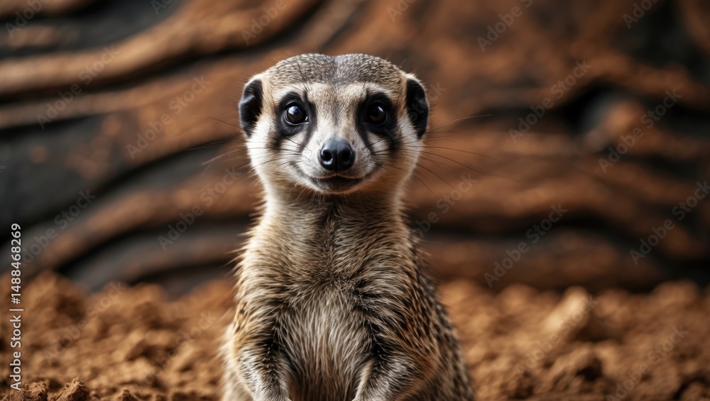 Fototapeta premium The meerkat perches on wood shavings. Close-up portrait of a meerkat