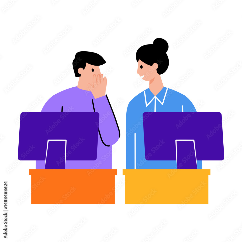 Fototapeta premium Two employees whispering in office, flat style illustration