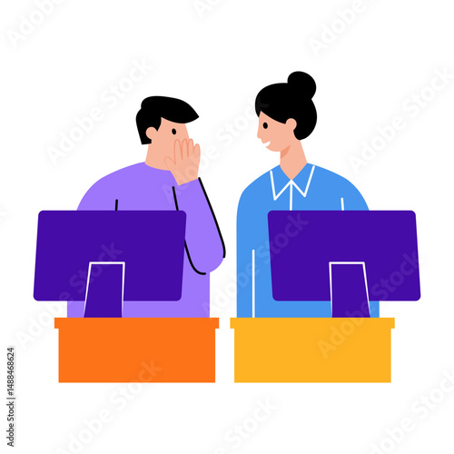 Two employees whispering in office, flat style illustration