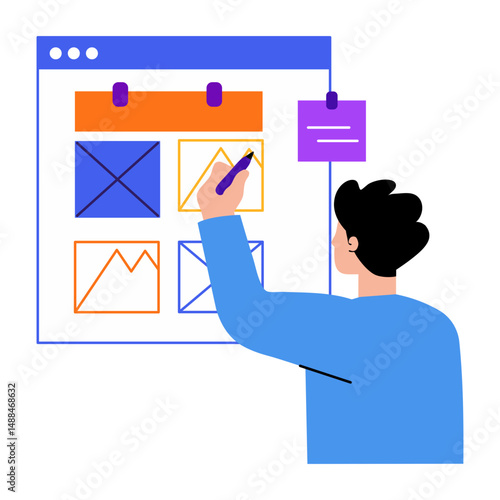 A flat style illustration showing a wireframing character