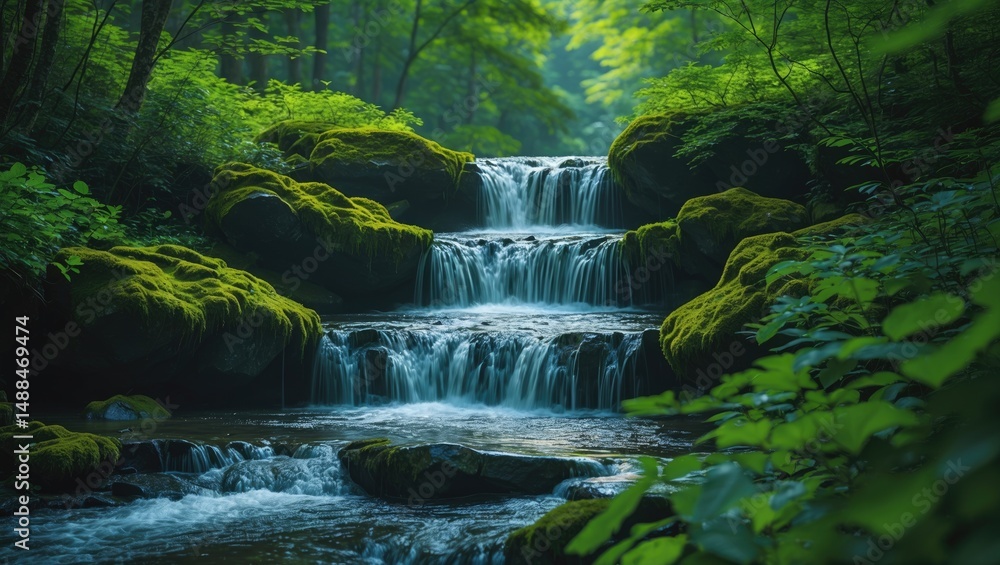 Naklejka premium A tranquil waterfall descends over mossy stones in a thick forest, enveloped by lush green vegetation. The flowing water establishes a calming atmosphere that showcases the woodland's natural