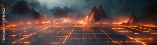 Fiery, gridded landscape of a futuristic city.