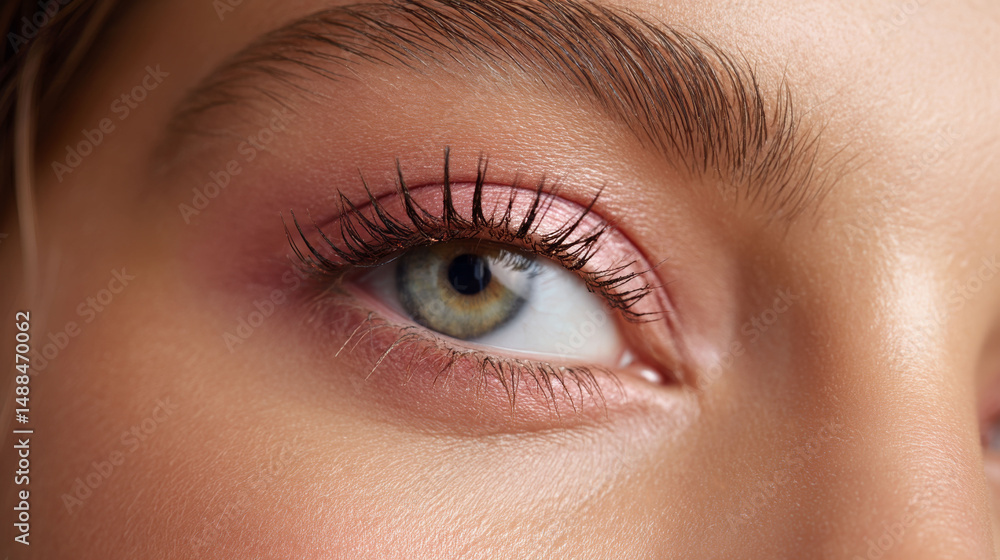 Obraz premium Closeup of woman eye with soft pink eyeshadow and long eyelashes showing natural skin texture