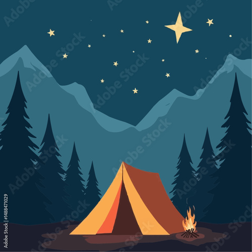 Tent set up by a fire under a starry night sky in the mountains  