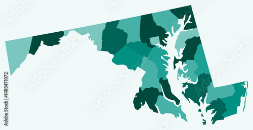 Map of Maryland with counties. Just a simple state border map with county division. Teal color palette. Blank State of Maryland shape with administrative division. Vector illustration.