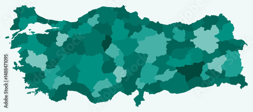 Map of Turkey with regions. Just a simple country border map with region division. Teal color palette. Plain Turkey shape with administrative division. Vector illustration.