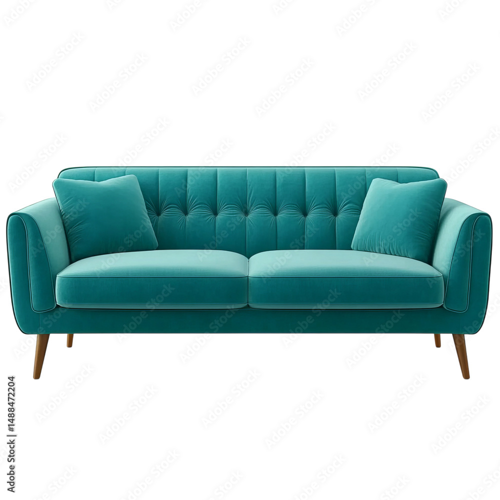 Modern teal sofa with cushions, isolated on a transparent background Png file format Modern teal sofa with cushions, isolated on a transparent background Png file format