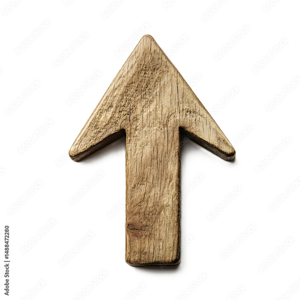 Fototapeta premium Wooden arrow sign pointing to the up isolated on white or transparent background