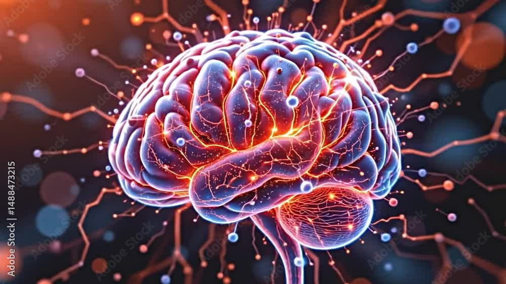 vivid 3d render of a human brain rotating, built from flowing particles, with digital connections lighting up, emphasizing the evolution of intelligence