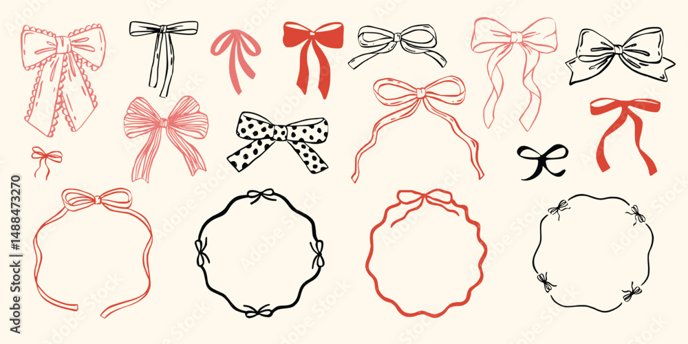 Set of whimsical doodle wavy ribbon circle frames with bows. Modern whimsical borders for wedding invitations, birthday cards, menu, holiday illustration. Coquette flirting vintage and retro style