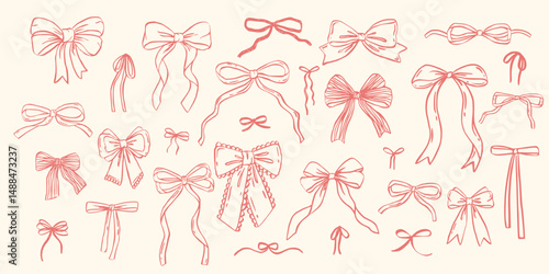 Set of various coquette bows, gift ribbons. Rococo trendy hand drawn style. Trendy girls accessories. Cute hairstyle elements collection.  Isolated clip arts for card, wedding, gifts, girls decor.