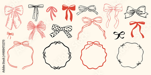 Set of whimsical doodle wavy ribbon circle frames with bows. Modern whimsical borders for wedding invitations, birthday cards, menu, holiday illustration. Coquette flirting vintage and retro style
