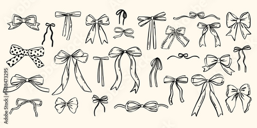 Set of various coquette bows, gift ribbons. Rococo trendy hand drawn style. Trendy girls accessories. Cute hairstyle elements collection.  Isolated clip arts for card, wedding, gifts, girls decor.