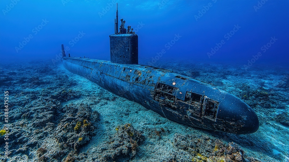 Sunken submarine rests on ocean floor Sunken submarine rests on ocean floor
