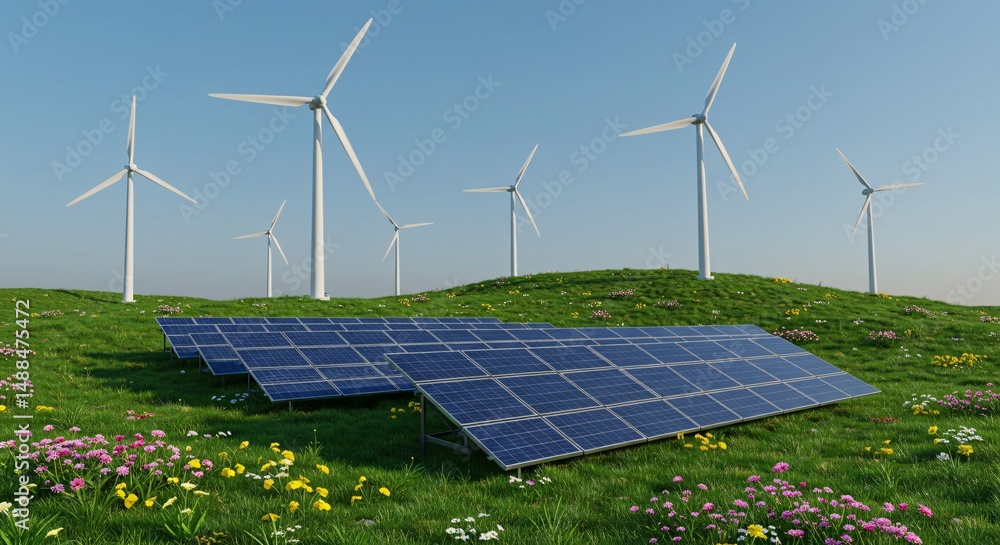 Renewable energy landscape with solar panels and wind turbines generating power Renewable energy landscape with solar panels and wind turbines generating power