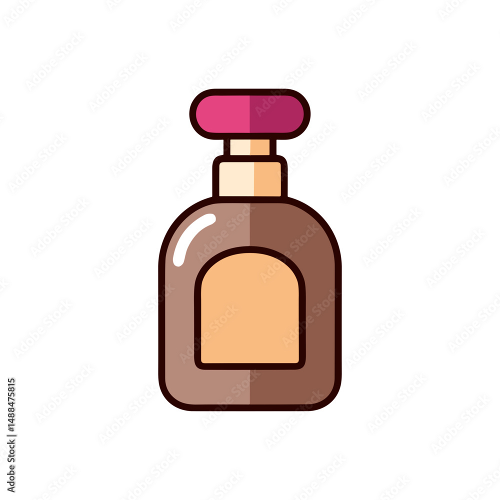 Brown bottle of perfume with a pink cap against a white background Brown bottle of perfume with a pink cap against a white background