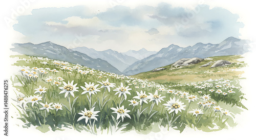 Fototapeta Naklejka Na Ścianę i Meble -  Idyllic Alpine Edelweiss in Mountain Meadow Watercolor Painting Illustration Serene Landscape Art