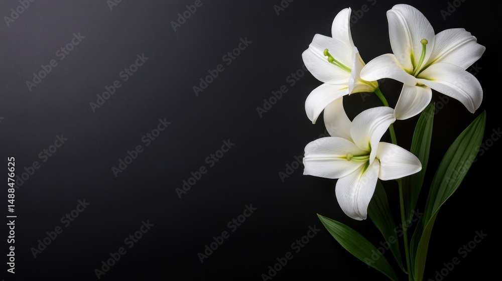 Fototapeta premium Elegant White Lilies on Black Background: A Symbol of Purity and Remembrance