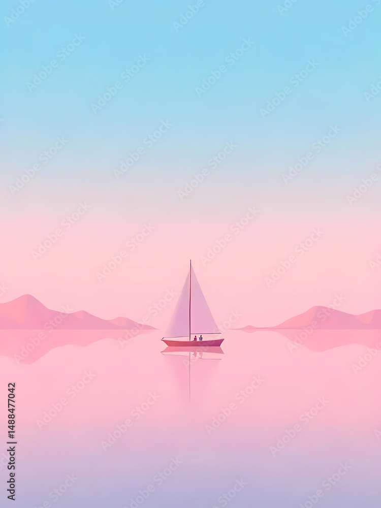 Fototapeta premium A solitary sailboat glides on tranquil waters under a dreamy gradient sky, evoking peace.