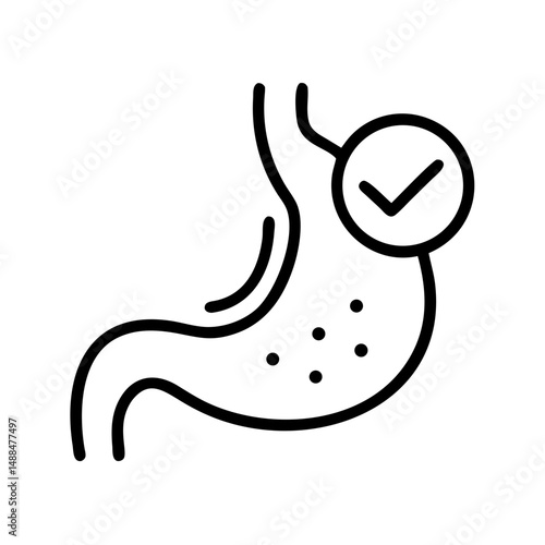 Stomach with Check Mark Icon Representing Digestive Health and Medical Approval