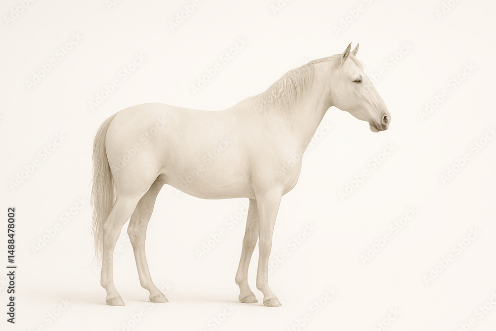Fototapeta premium White horse standing gracefully in a minimalistic environment, showcasing its elegant form and smooth coat, embodying beauty and strength in a serene setting