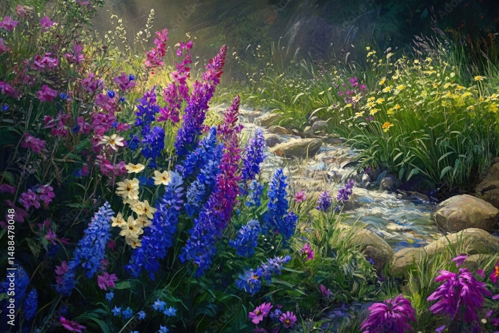 Obraz premium Painterly scene of vibrant wildflowers in blues and purples along a stream cascading over rocks in a peaceful garden.