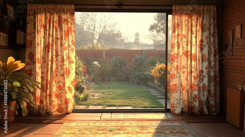 Sunlit garden view from a cozy room