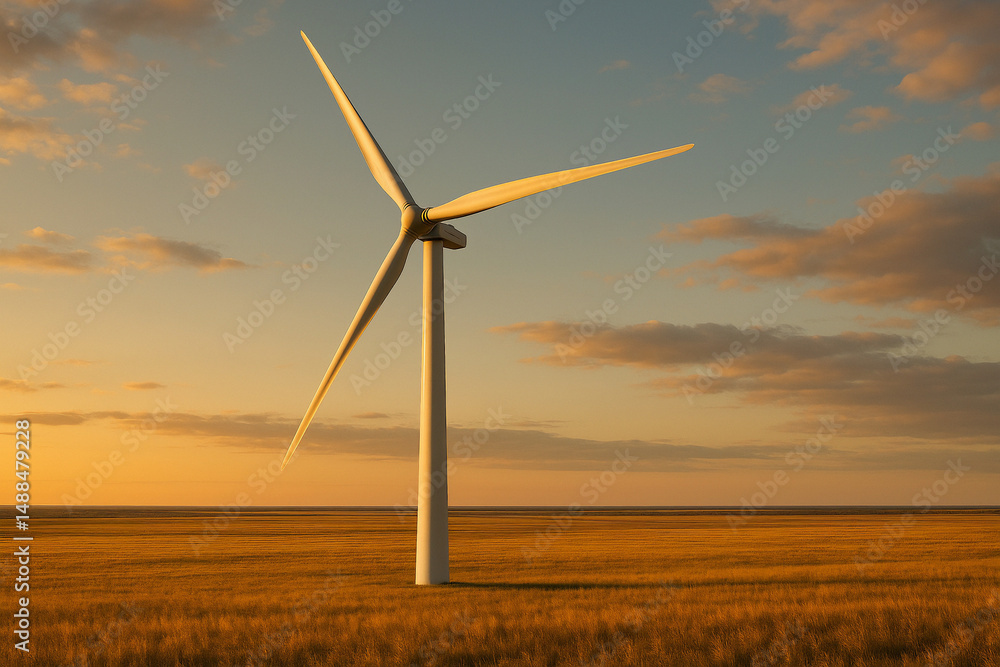 Obraz premium A single wind turbine standing tall in a field at sunset with a cloudy sky in the background view