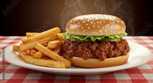 Hearty sloppy joe sandwich with crispy fries, a tempting American classic