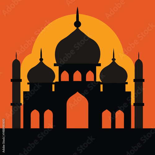 Vector illustration of the Taj Mahal, a famous Islamic architecture and iconic monument in Agra, India, showcasing its silhouette and dome