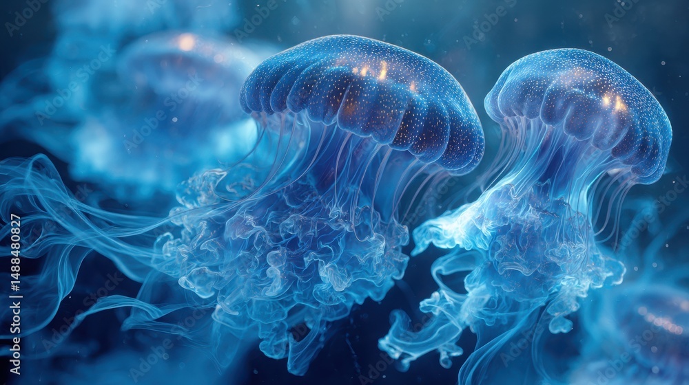 Naklejka premium Glowing Blue and Silver Layered Wispy Membranes with Translucent Silk Enhancing Modern Art Spaces for Unique Experiences