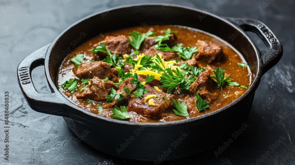 Rustic Dark Moody Shot of Iron Pot Filled with Delicious Stew and Fresh Green Herbs Rustic Dark Moody Shot of Iron Pot Filled with Delicious Stew and Fresh Green Herbs