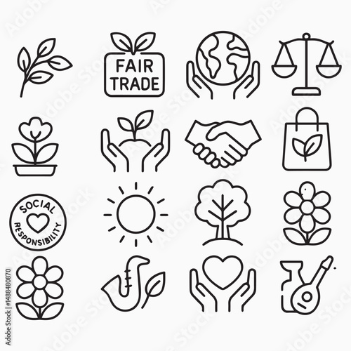 line art, black and white, vector icons, fair trade, ethical, environment, sustainability, eco-friendly, leaves, planet, globe, hands, justice, balanced scales, handshake, sun, tree, shopping bag, flo