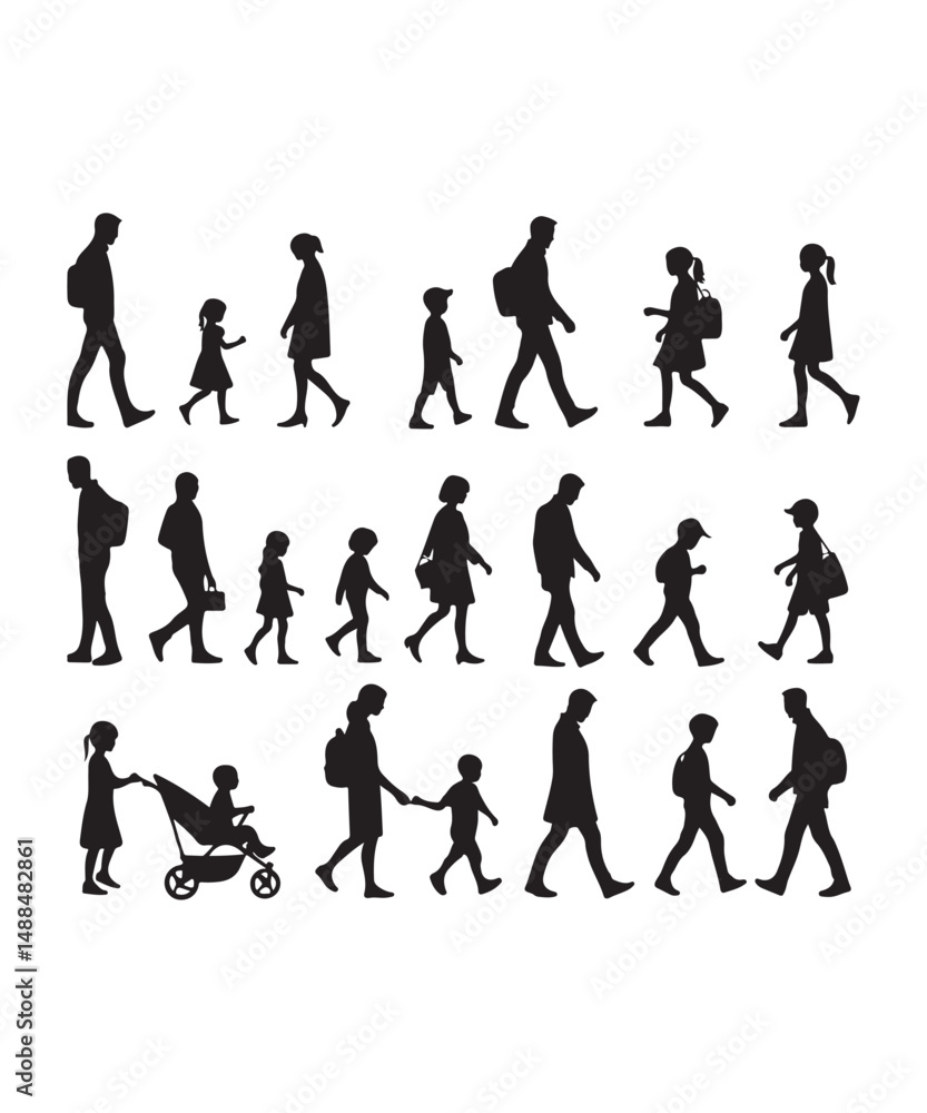 Fototapeta premium Happy family Illustrations Silhouette set. Silhouettes on isolated background.