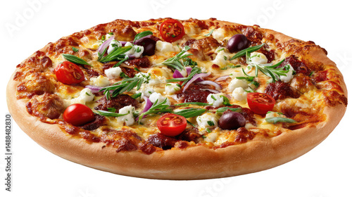 Delicious Greek Pizza: A tempting Greek pizza, loaded with feta cheese, olives, cherry tomatoes, red onion, and fresh herbs. The golden crust and vibrant toppings make it irresistible. 