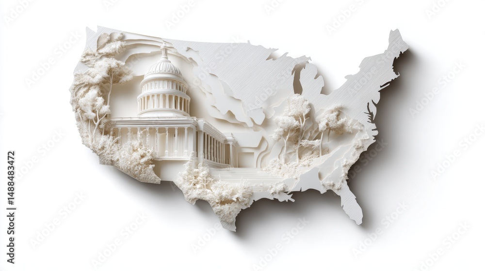 Three Dimensional White United States Relief Map Featuring Capitol Building Three Dimensional White United States Relief Map Featuring Capitol Building