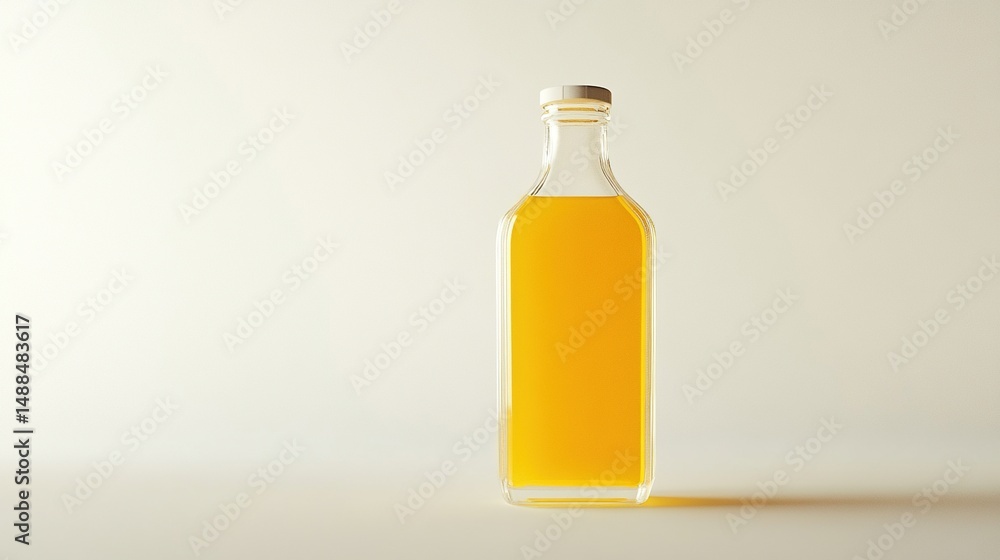 A clear glass bottle with a white lid, filled with a bright yellow liquid, stands against a white backdrop, casting a subtle shadow A clear glass bottle with a white lid, filled with a bright yellow liquid, stands against a white backdrop, casting a subtle shadow