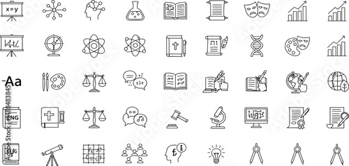 School Subjects Line Editable Icons set. Vector illustration in modern thin line style of community space related icons: lounge zone, parking, playground, spa, and more.