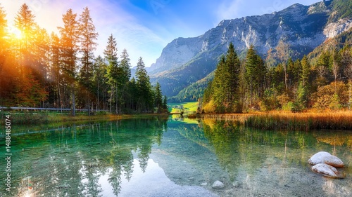A serene landscape showcasing a tranquil lake surrounded by lush green trees and majestic mountains, illuminated by the warm glow of sunlight, creating a peaceful and picturesque s
