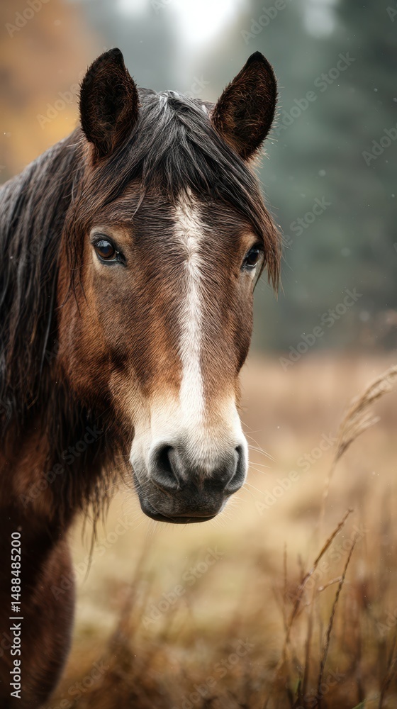Naklejka premium Close-up of a majestic brown horse with a white blaze standing in a serene autumn landscape surrounded by tall grasses