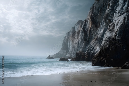 Serene Coastal Landscape with Rocky Cliffs and Gentle Waves