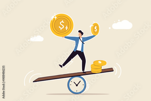 Time value of money, sum of money worth more now at present time than future, inflation or earning cost, value depend on time, businessman investor holding money big and small coin on clock seesaw.