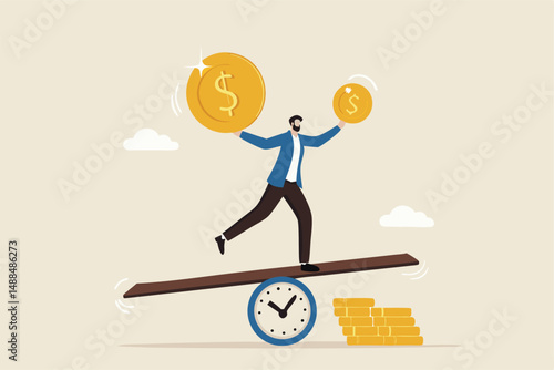 Time value of money, sum of money worth more now at present time than future, inflation or earning cost, value depend on time, businessman investor holding money big and small coin on clock seesaw.