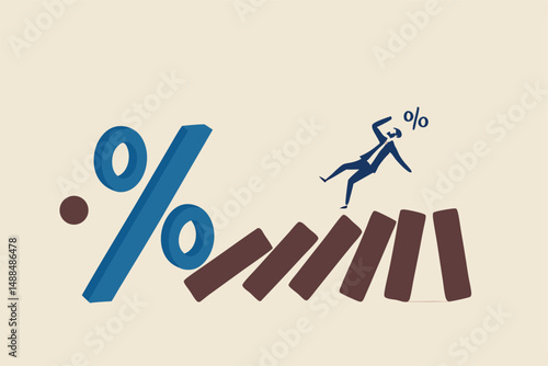 Interest rate and inflation percent impact economy and investment market, federal reserve monetary policy concept, percentage sign fall to cause domino collapse causing businessman investor falling.