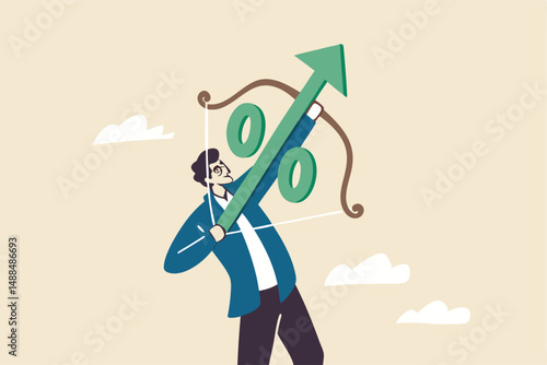 Interest rate hike due to inflation percentage rising up, FED, federal reserve or central bank monetary policy, economics or loan concept, businessman archery percentage arrow high up into the sky.