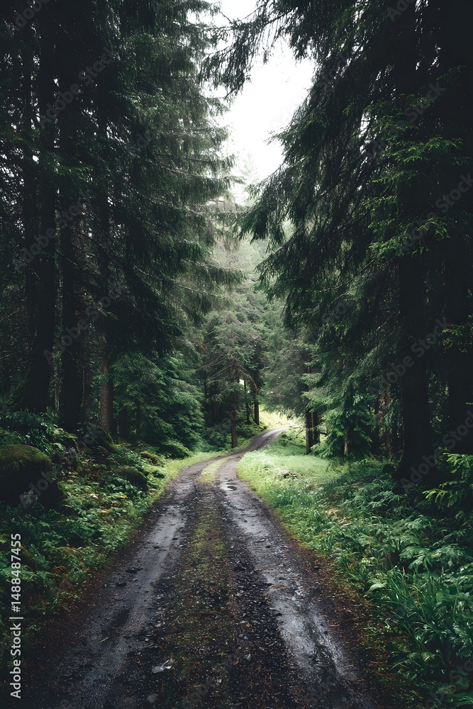 Fototapeta premium Serene Forest Pathway Surrounded by Lush Green Trees and Foliage