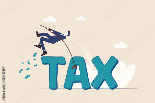 Overcome tax problem, expert advice for taxation or financial challenge concept, confidence businessman holding money briefcase pole vault jump over the word TAX.