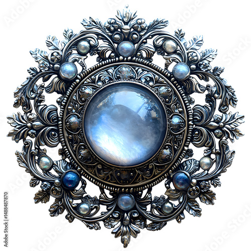 Silver circlet, set with a large moonstone at the center, surrounded by delicate filigree work, isolated on white background.