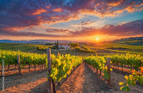 Sunset Over Serene Vineyard and Countryside Villa Scene