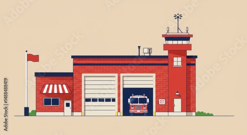 Modern Red Brick Fire Station Building Illustration
